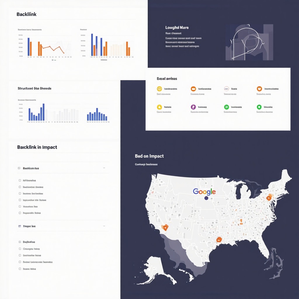Infographic depicting backlink metrics, structured data usage, and local SEO maps for GMB optimization.