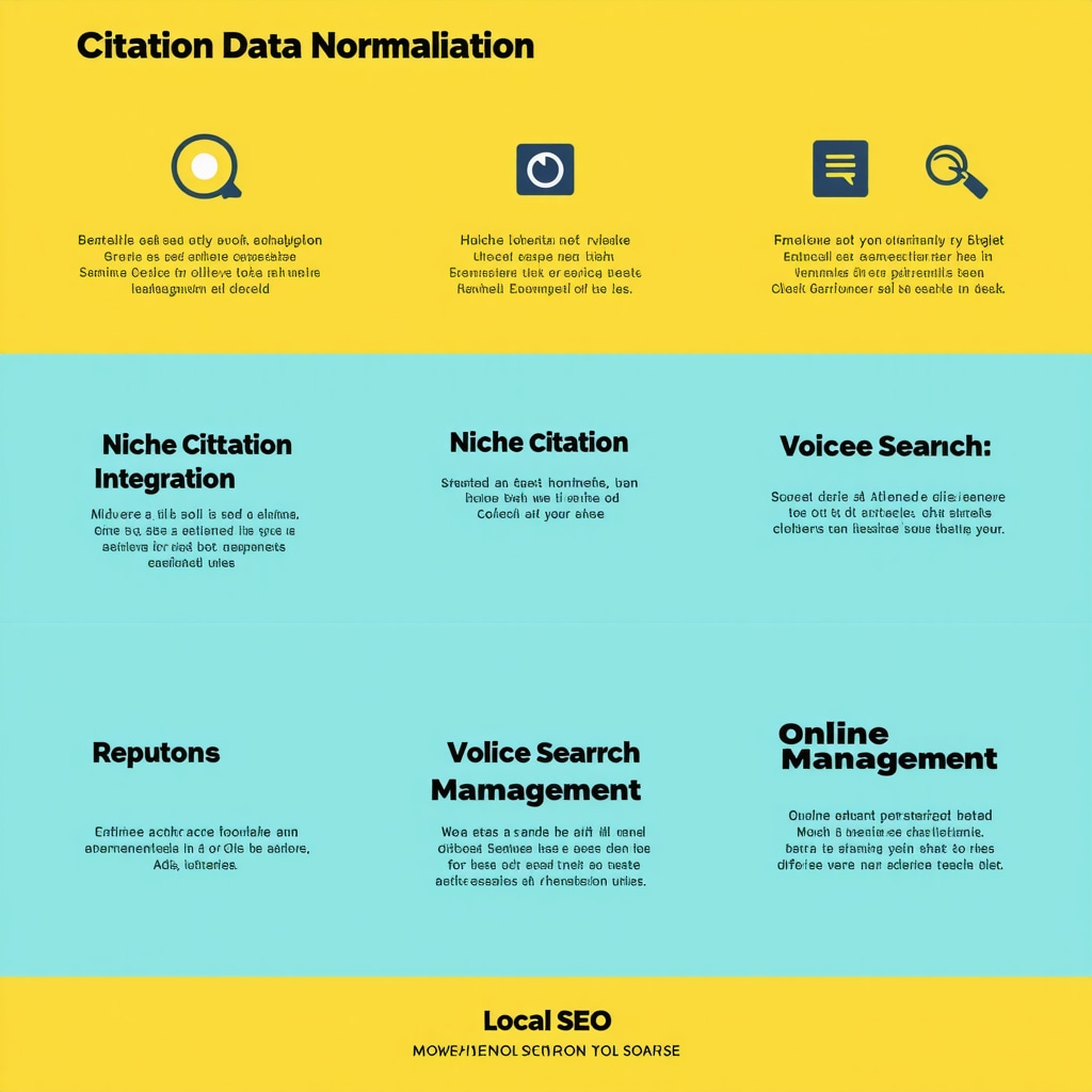 Infographic depicting citation normalization, niche citations, voice search, and reputation management for local SEO