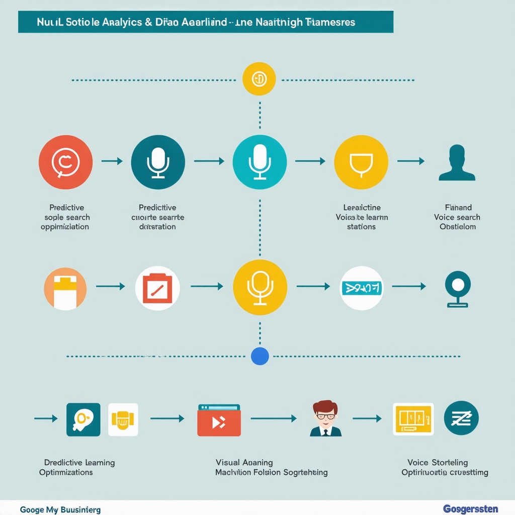 An infographic illustrating predictive analytics, machine learning, and voice search optimization techniques integrated into Google My Business SEO for local business growth