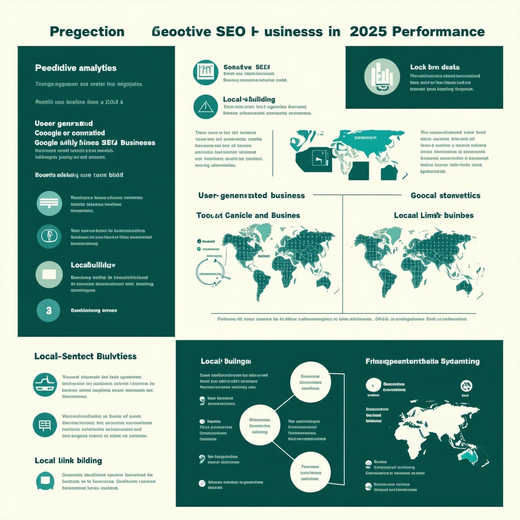 Infographic showing predictive analytics, user-generated content, and local link building enhancing Google My Business SEO