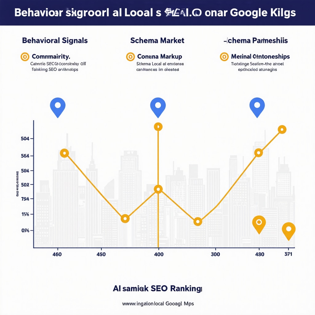 Graphic illustrating behavioral signals, schema markup, community partnerships, and AI automation boosting Google Maps SEO rankings