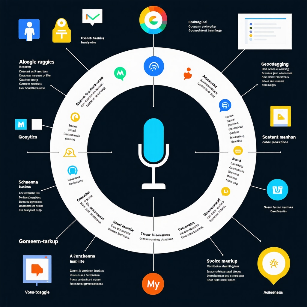 Infographic showing behavioral data, AI content generation, geotagging, schema markup, and voice search optimization for GMB