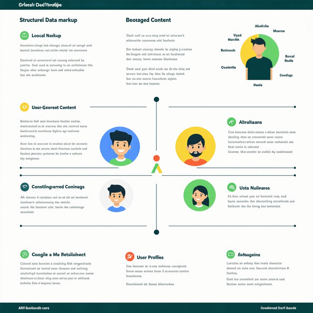 Infographic showing structured data, user-generated content, analytics, and AR technology improving Google My Business rankings