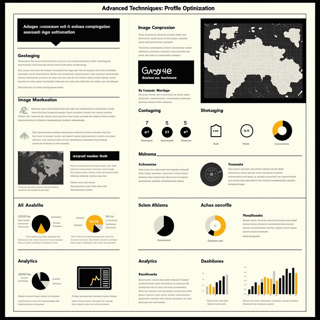 Infographic illustrating advanced strategies for optimizing images on Google Business Profile including compression, geotagging, schema markup, AI tools, and analytics