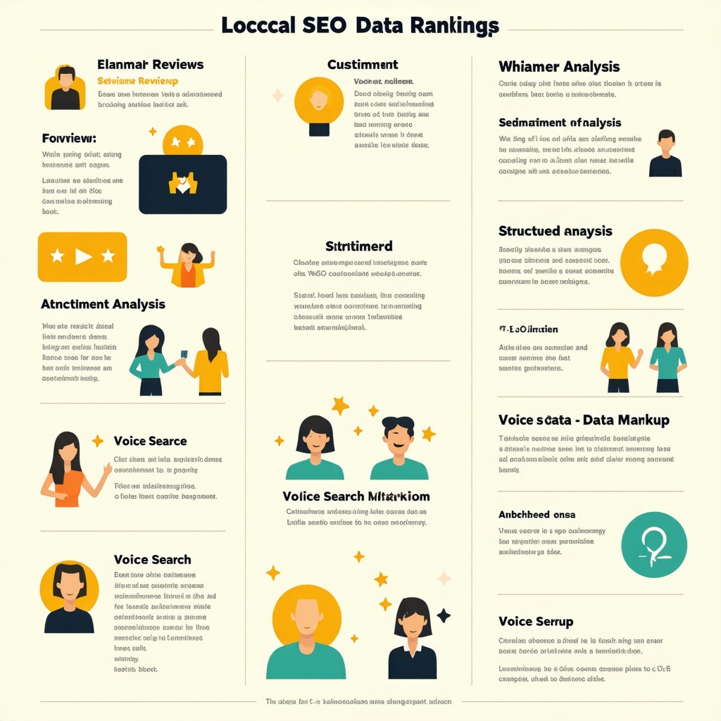 Infographic showing how customer reviews, sentiment analysis, schema markup, and voice search optimization impact local SEO