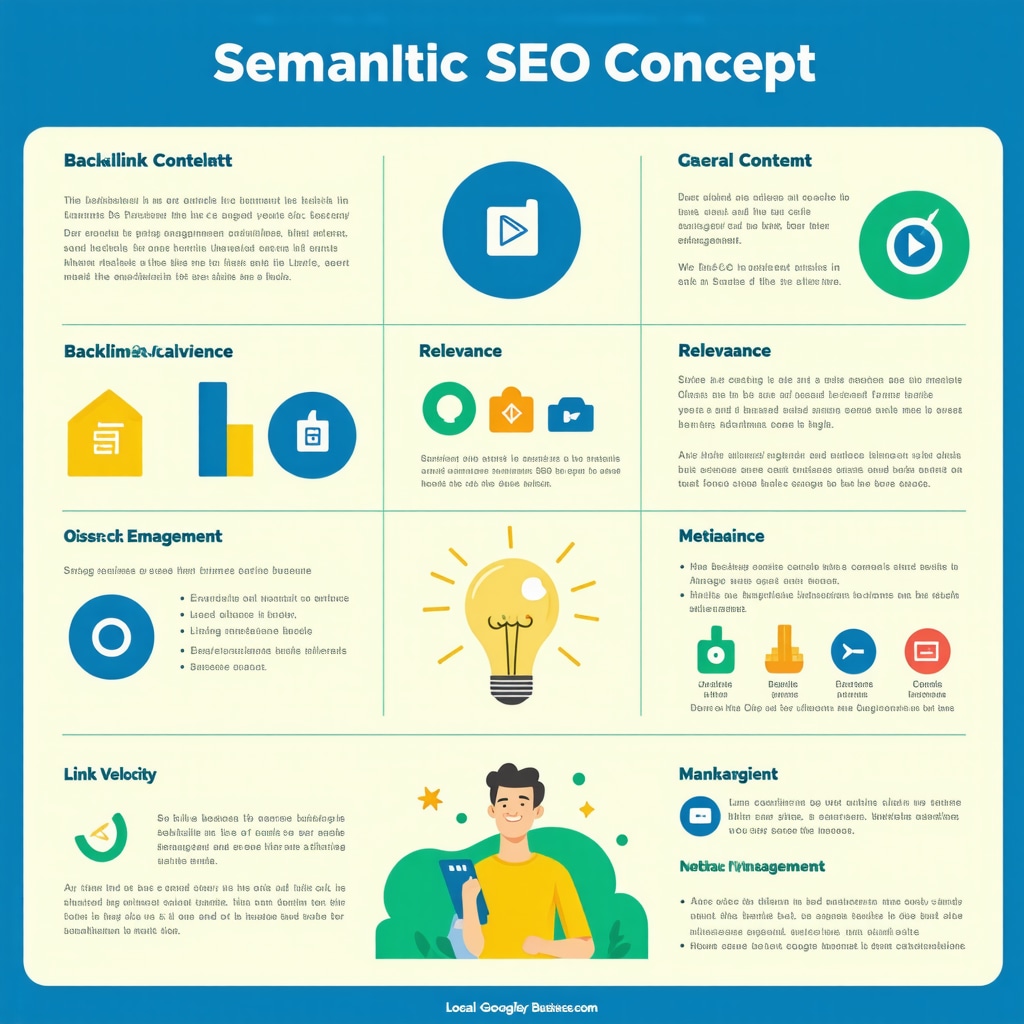 Infographic showing semantic SEO, backlink relevance, user engagement, and link velocity strategies for GMB optimization