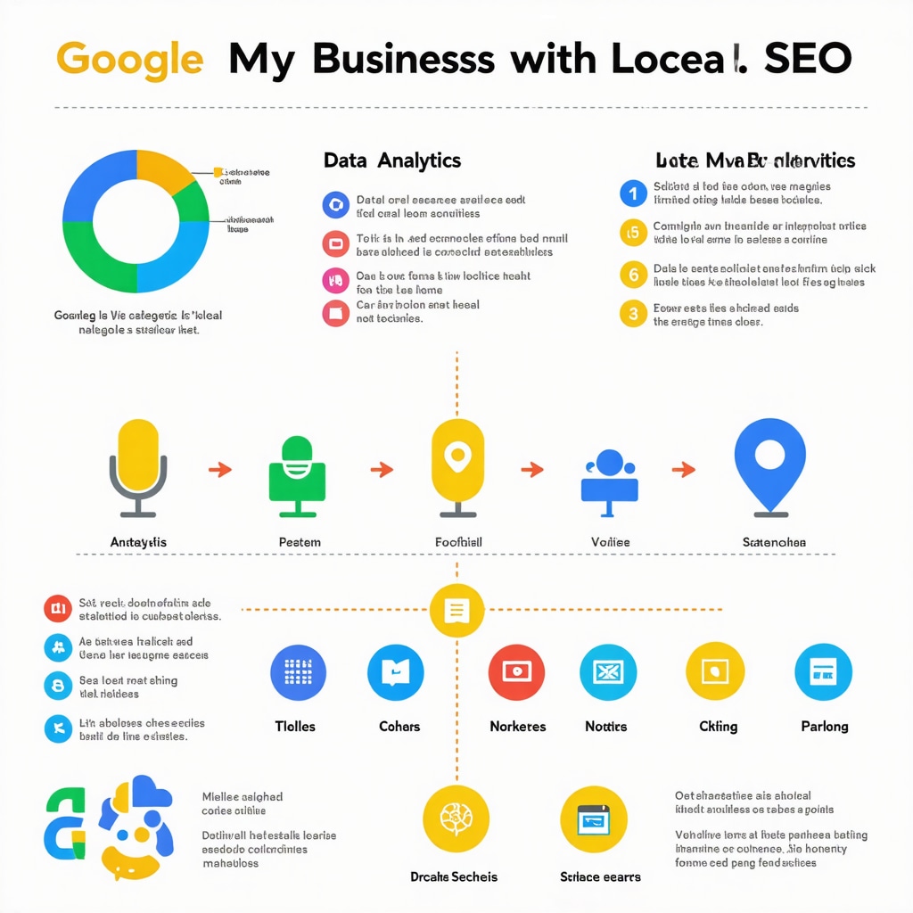 Infographic depicting data-driven GMB category optimization, voice search integration, and schema markup for local SEO
