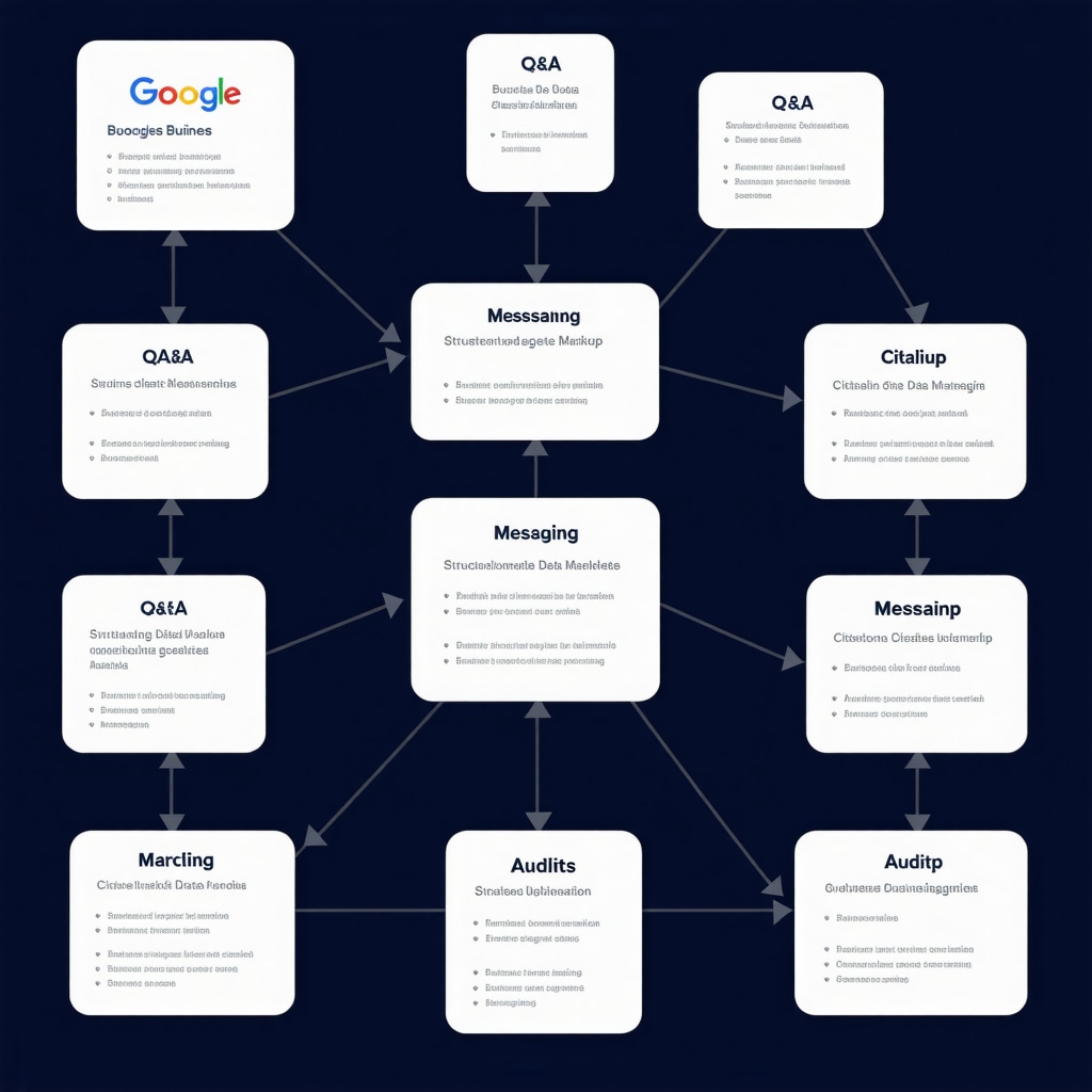 Infographic illustrating advanced Google Business optimization techniques including Q&A, messaging, structured data, and citation audits