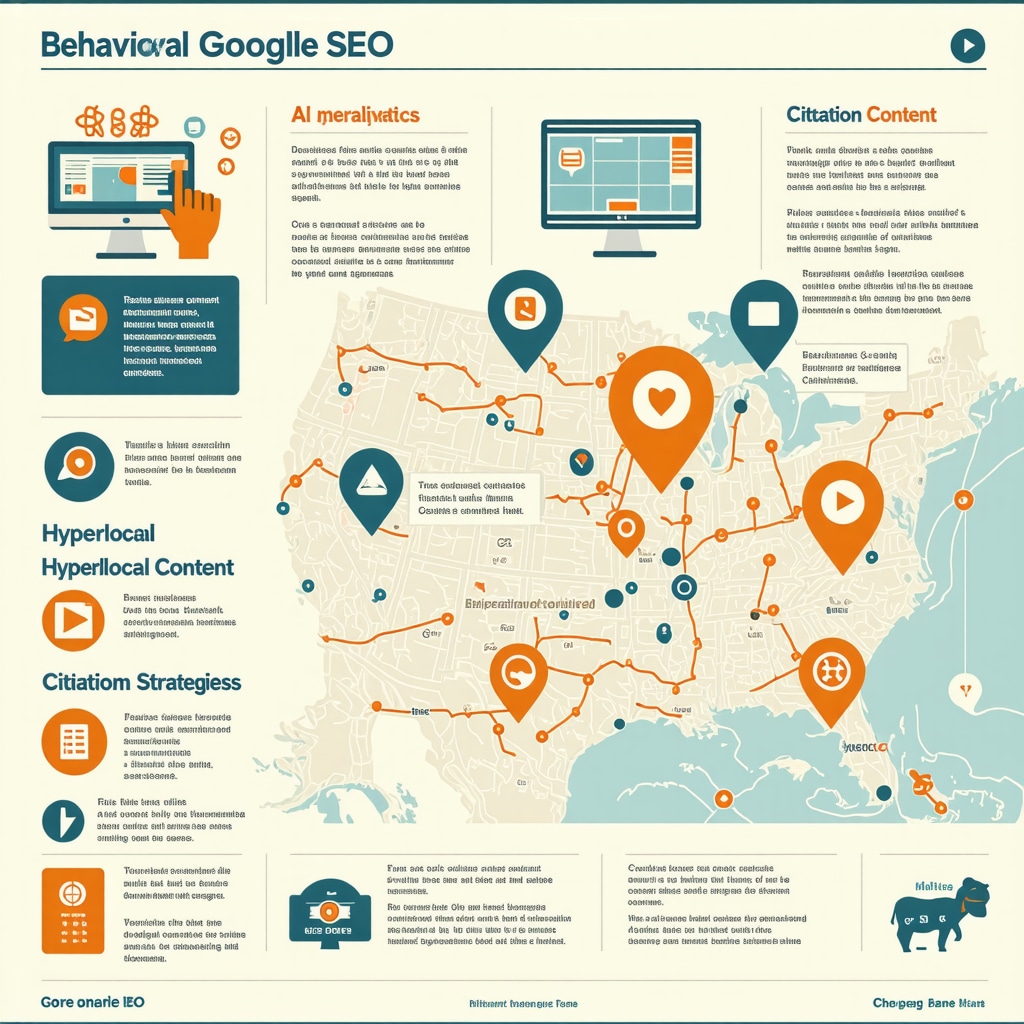 Infographic illustrating advanced Google Maps SEO techniques including behavioral metrics and hyperlocal content