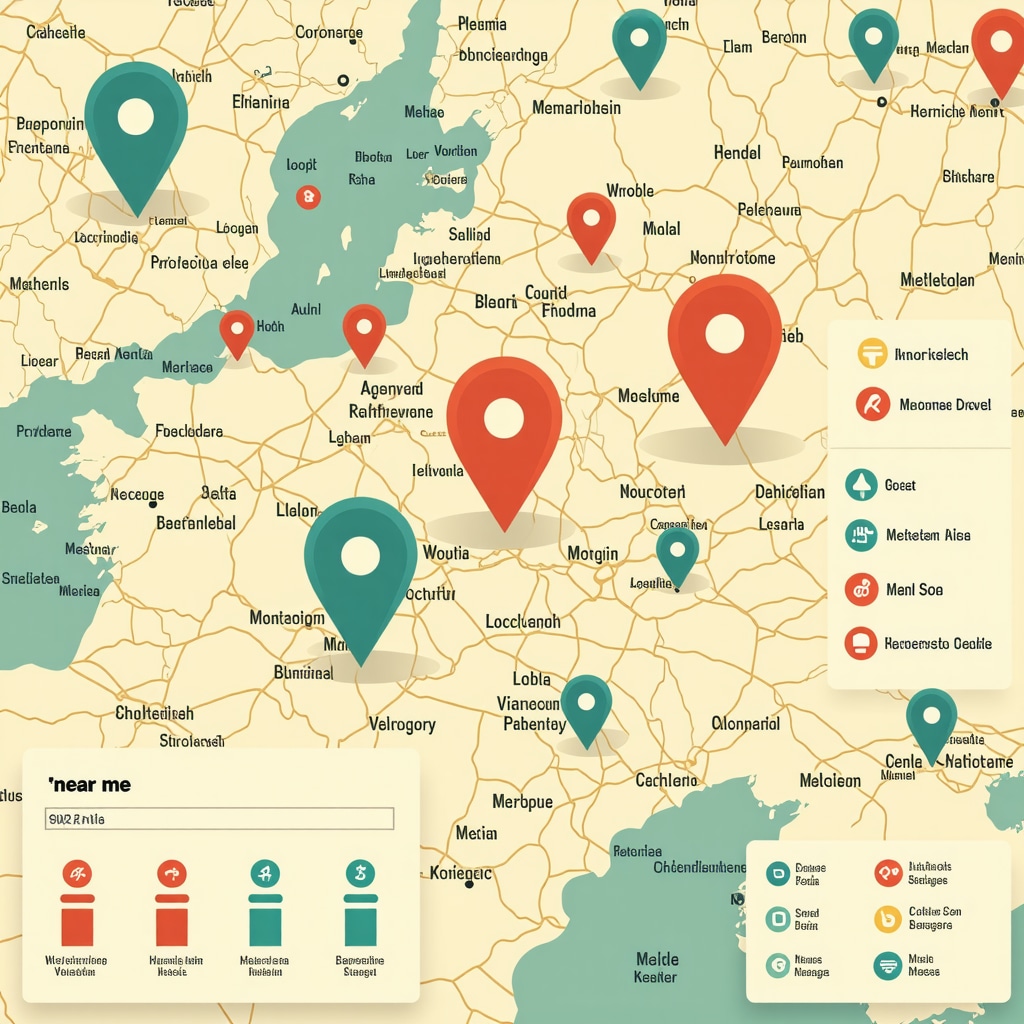 Digital map showing local business pins with SEO analytics overlay for 'near me' search optimization
