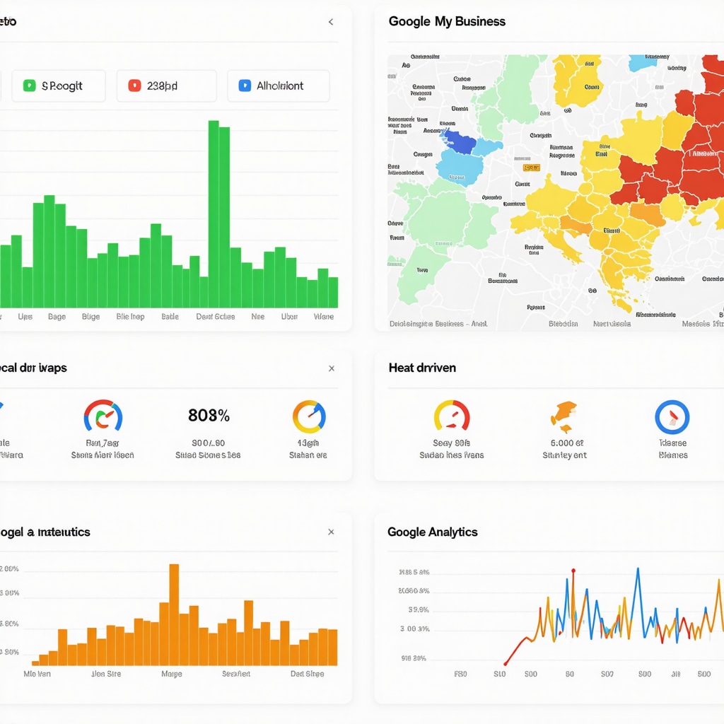 Dashboard displaying Google My Business insights combined with Google Analytics and heat map data for service-area business optimization