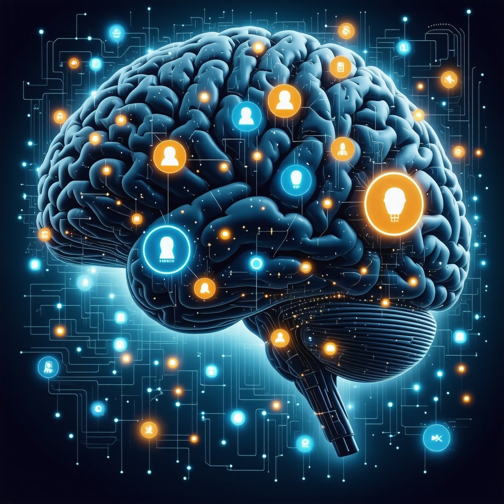Digital illustration of brain and AI circuits with customer review icons representing advanced review management in local SEO