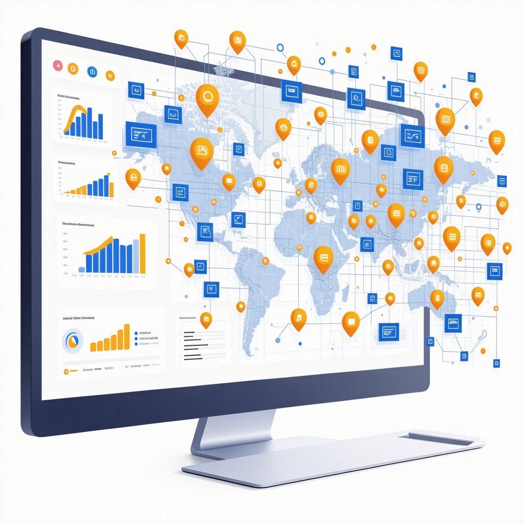 Illustration of local business network with AI analytics dashboard for advanced Google My Business backlink strategies