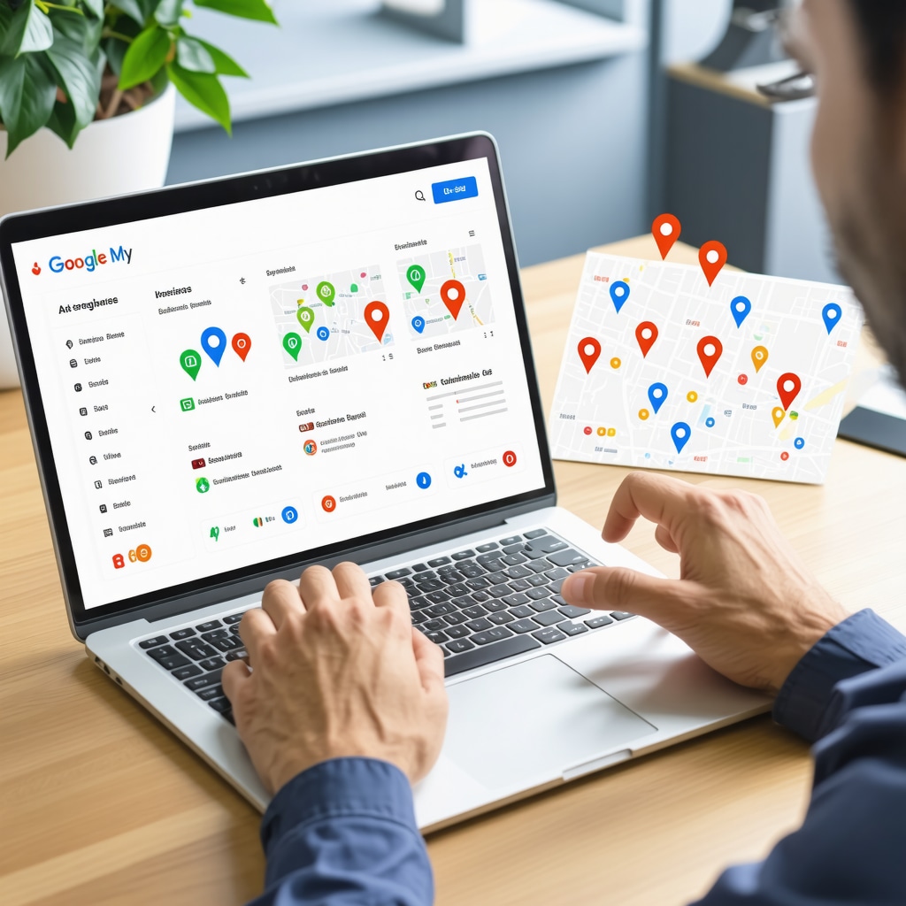 Local business owner reviewing Google My Business keyword insights and maps for SEO optimization