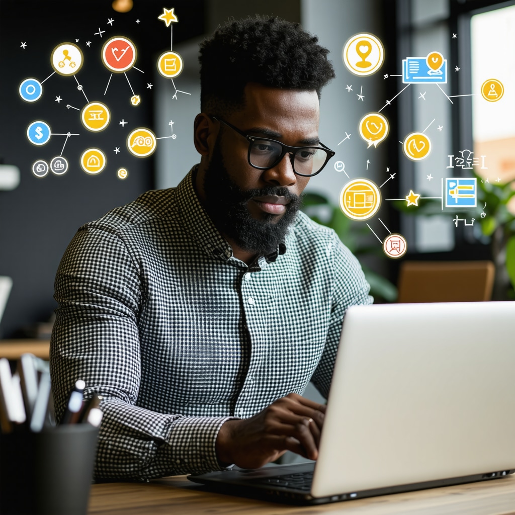 Local business owner analyzing customer reviews and local SEO analytics on a laptop