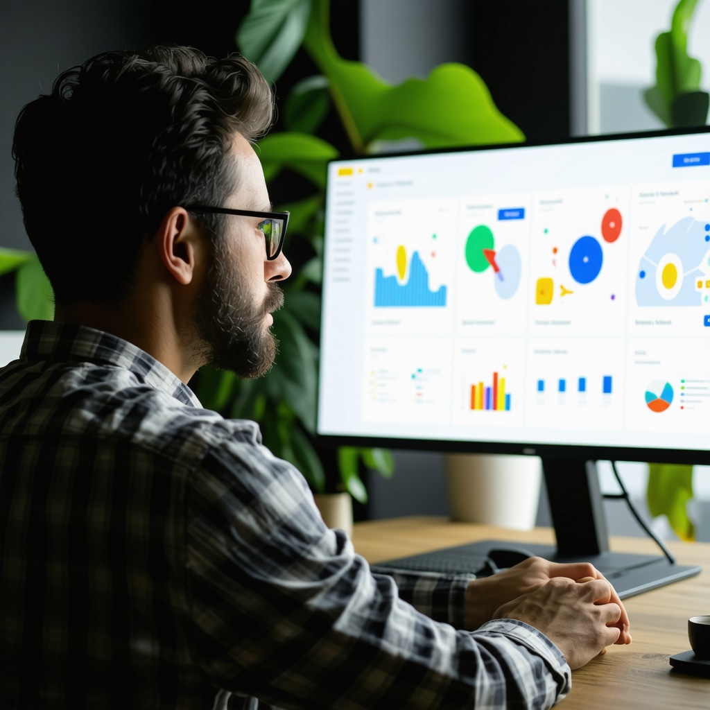 Local business owner reviewing AI-powered SEO analytics with graphs and maps on a computer screen