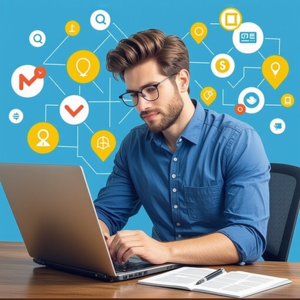 Local business owner analyzing citation management data on laptop with SEO and local directory icons