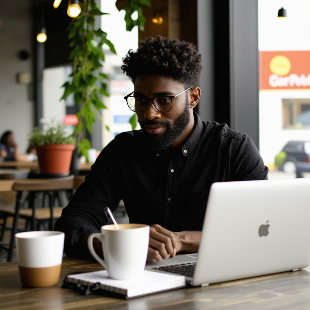 Business owner analyzing Google My Business SEO metrics on laptop in café
