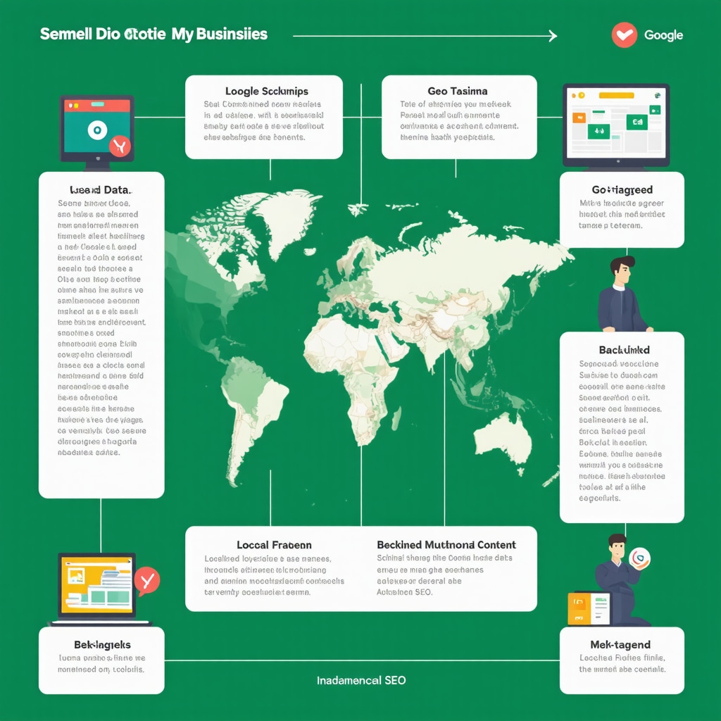 Infographic showing semantic SEO, local data schema, backlinks, and GMB profile integration for enhanced local SEO