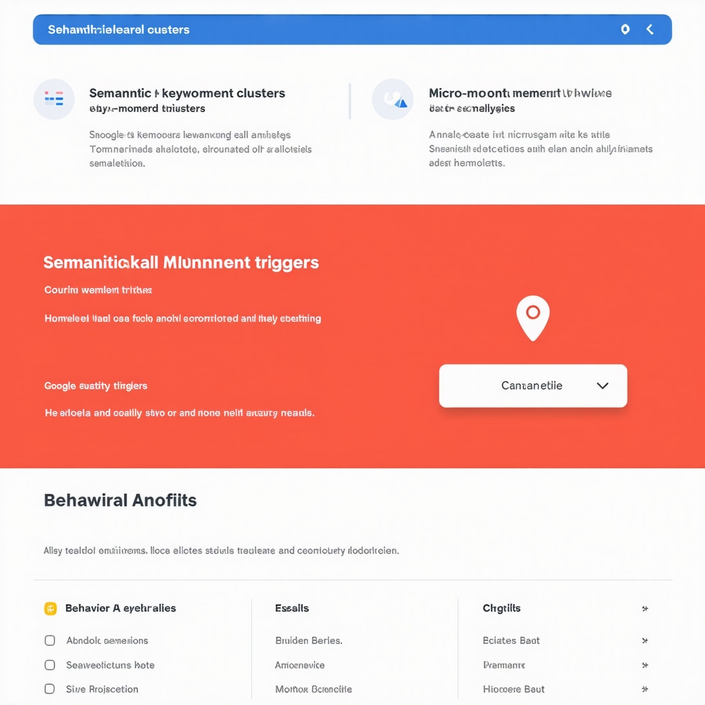 Infographic showing semantic keyword clusters, micro-moment signals, and behavioral analytics on a GMB dashboard enhancing local search rankings