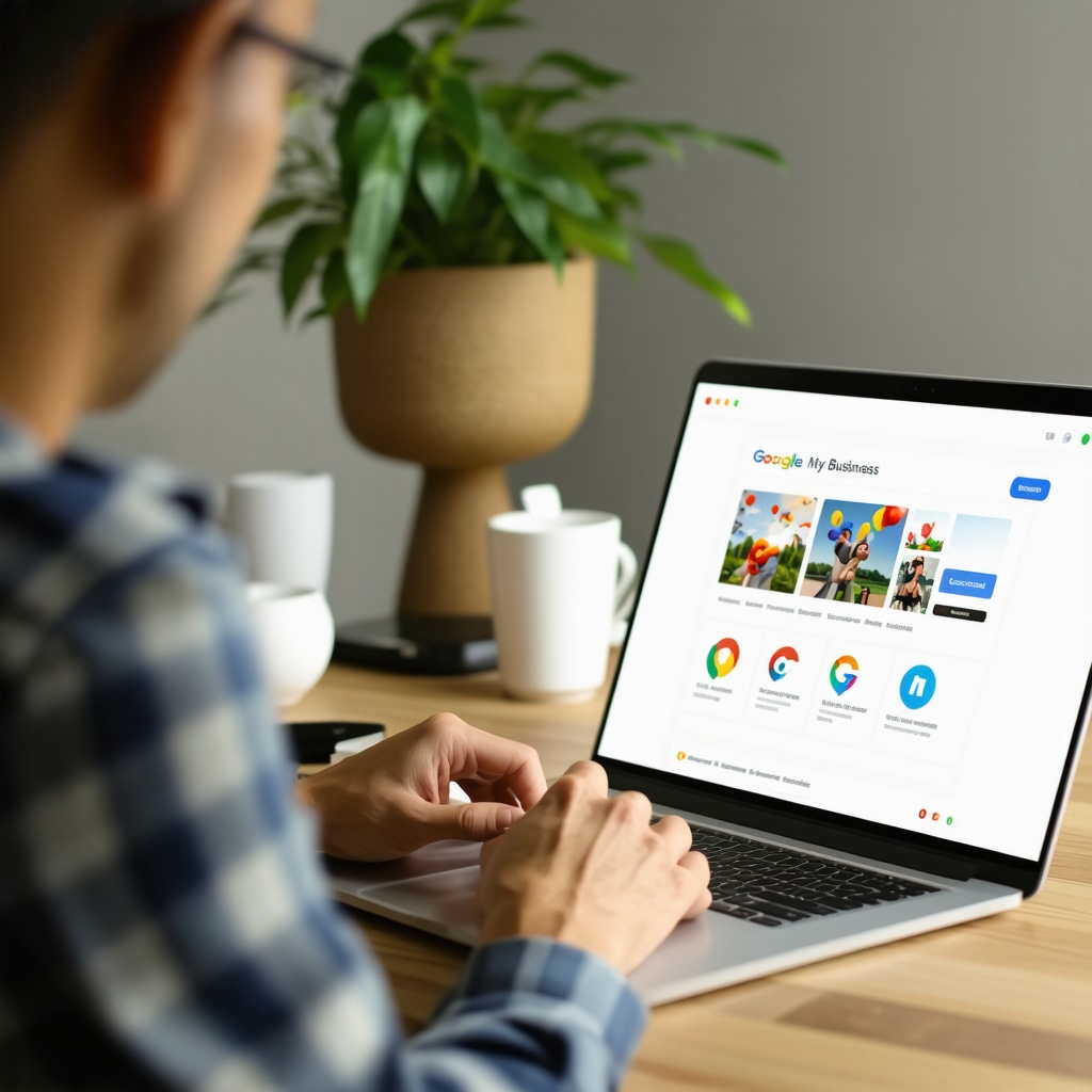 Small business owner using laptop to optimize Google My Business profile with local SEO graphs and photos