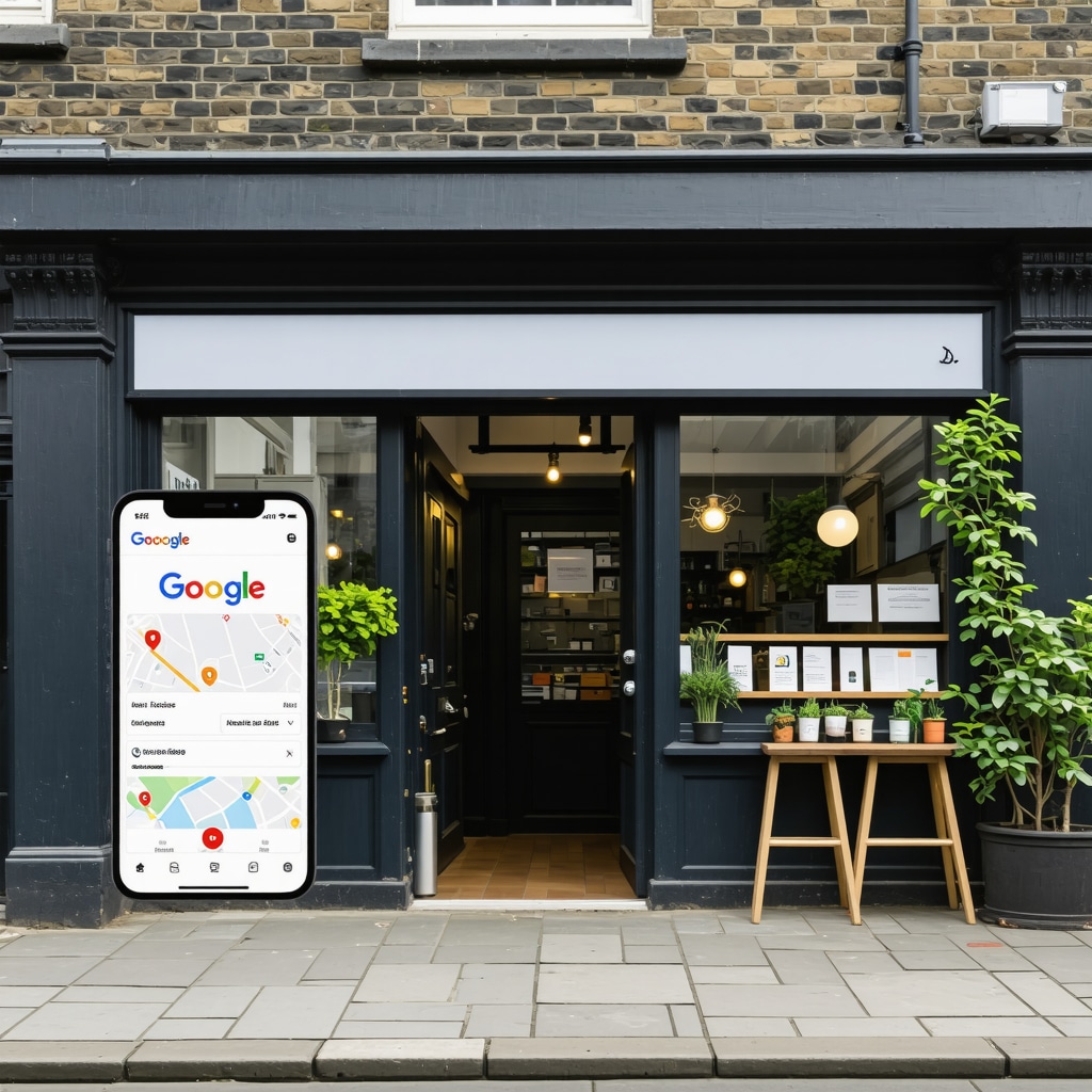 Small business storefront with customers and Google Business Profile displayed on smartphone