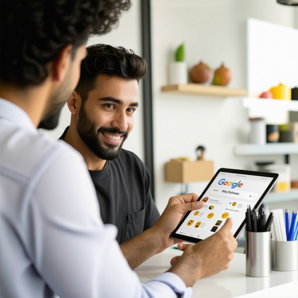 Small business owner viewing and responding to Google My Business reviews on a tablet in a cozy shop environment