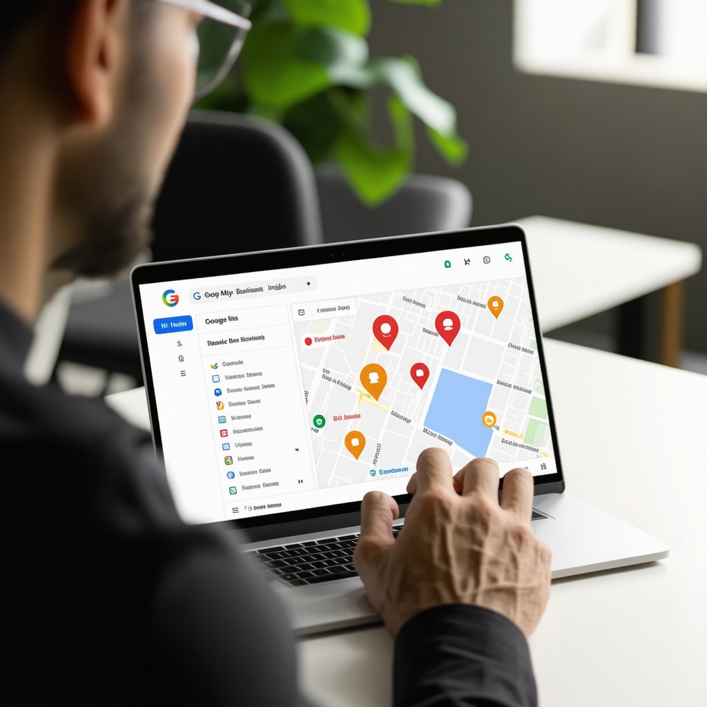 Illustration of a small business owner using Google My Business data and voice search icons to optimize local SEO