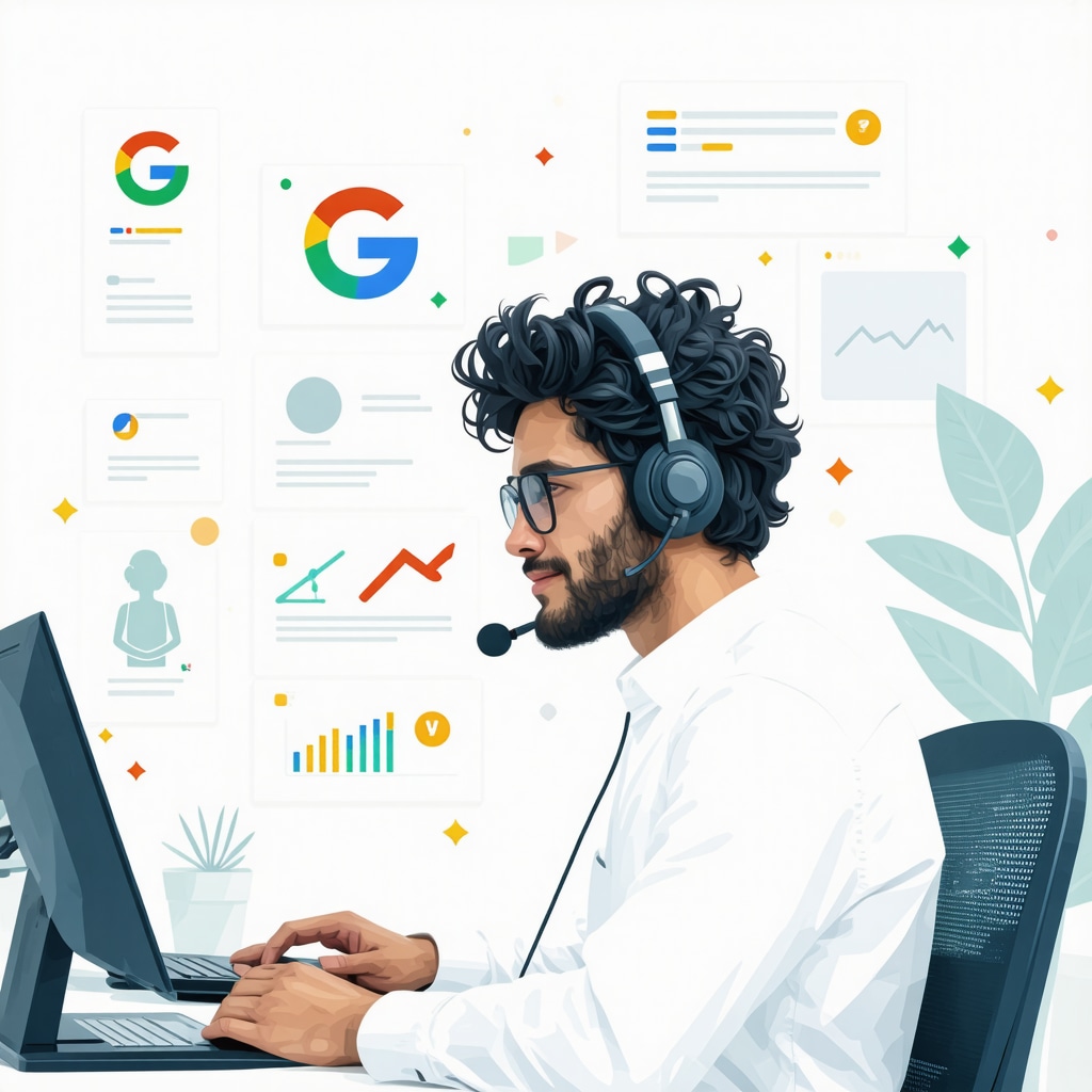Local business owner using AI tools for optimizing Google Business Profile with voice search icons