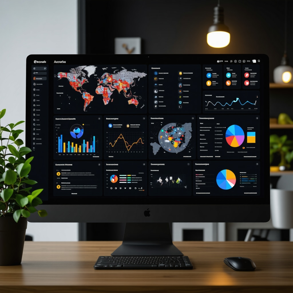 Dashboard with AI analytics for local SEO showing geo-fencing maps, schema markup icons, and reputation management charts