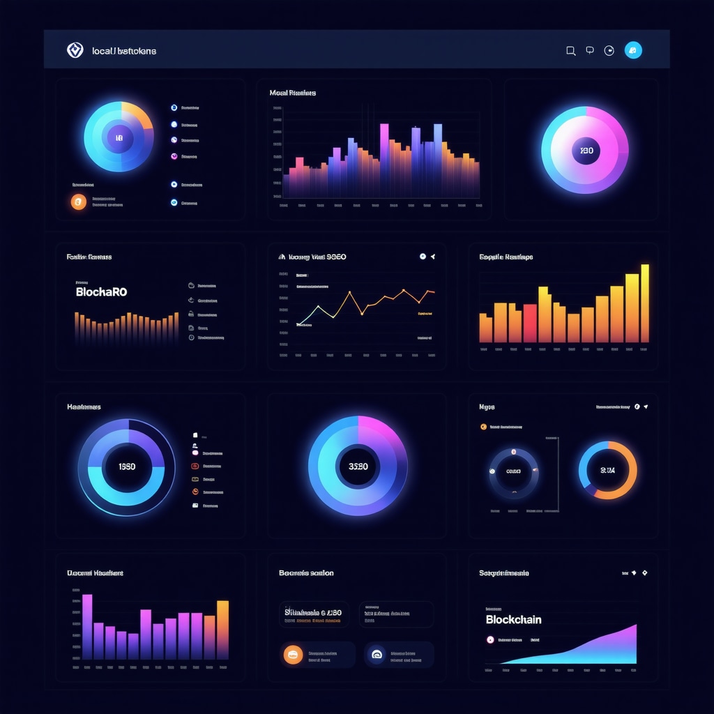 Dashboard showing AI analytics, sentiment heatmaps, and blockchain icons for local SEO