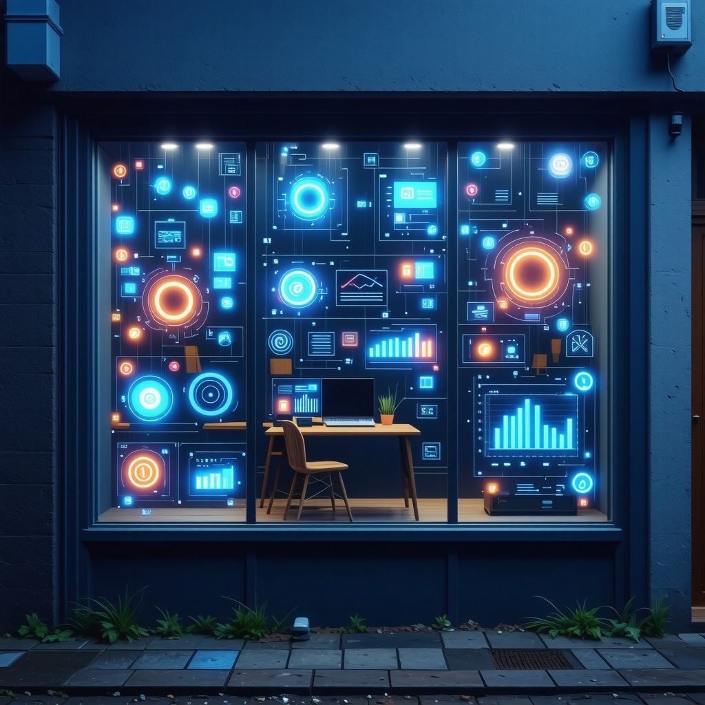 Futuristic local business storefront with AI data overlays representing advanced SEO analytics