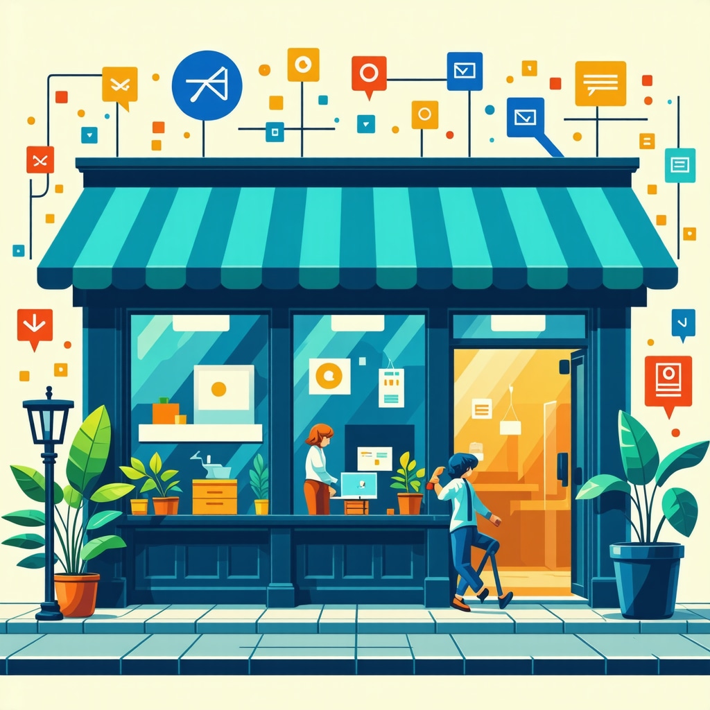 AI algorithms analyzing GMB data with schema markup icons linking to a local business storefront