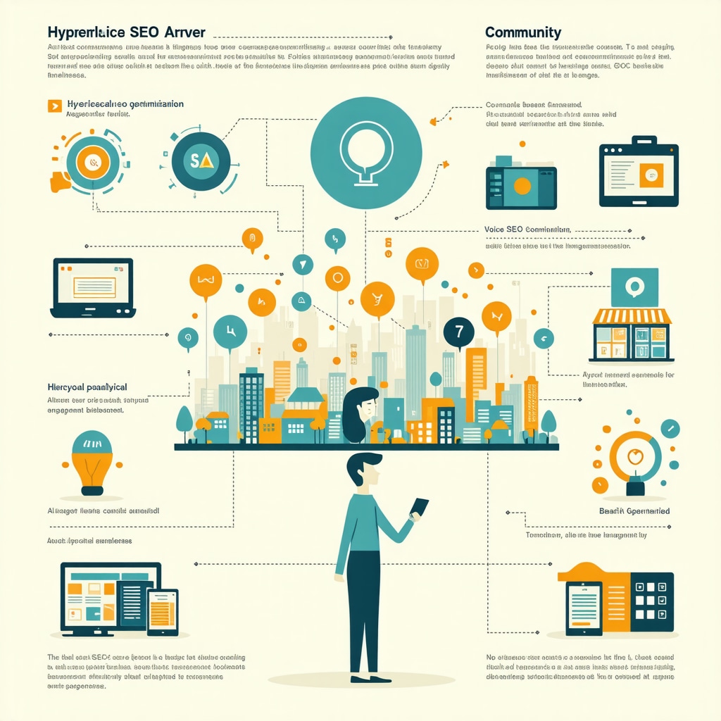 Infographic showing AI analytics, voice search, and customer reviews boosting hyperlocal SEO for small businesses
