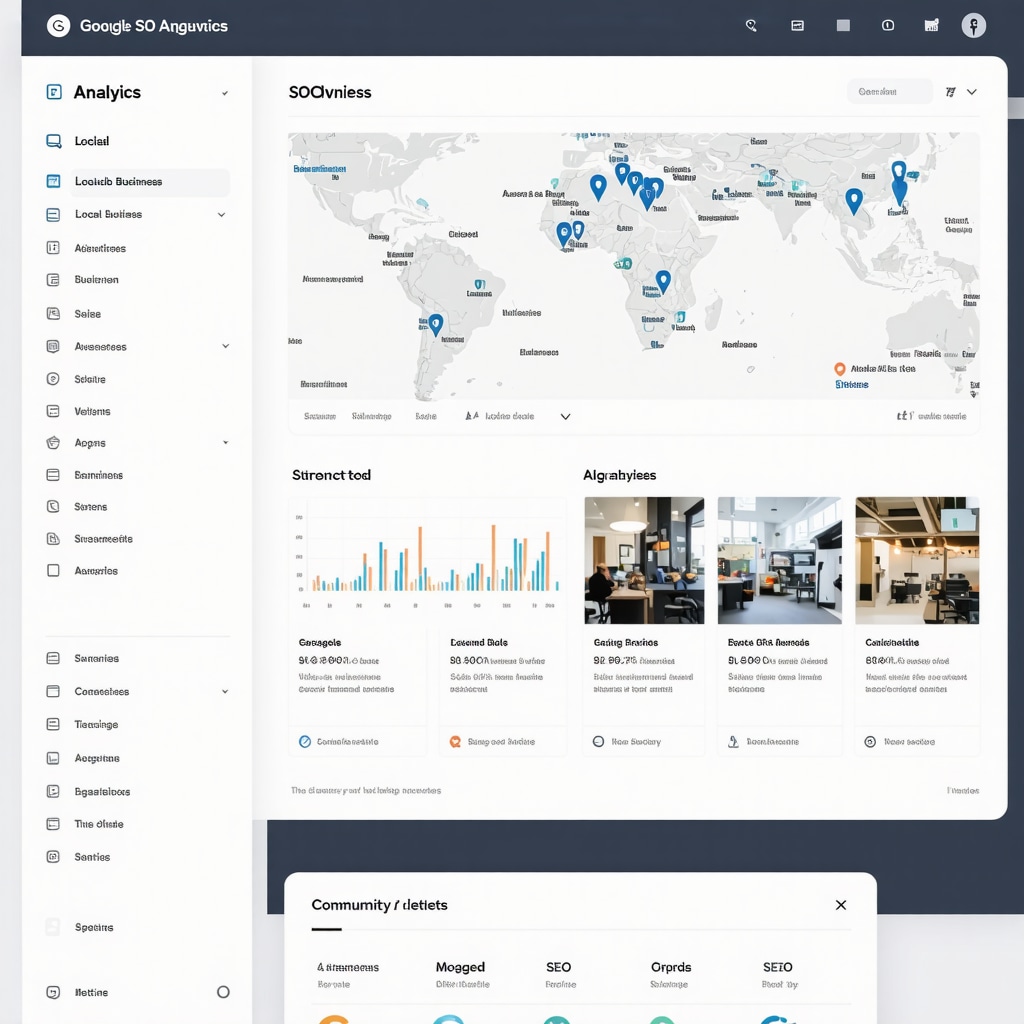 Dashboard with AI analytics showing local SEO metrics, maps, and structured data icons for Google Maps optimization