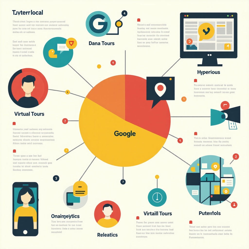 Infographic showing AI tools, hyperlocal SEO, and virtual tours enhancing Google My Business optimization