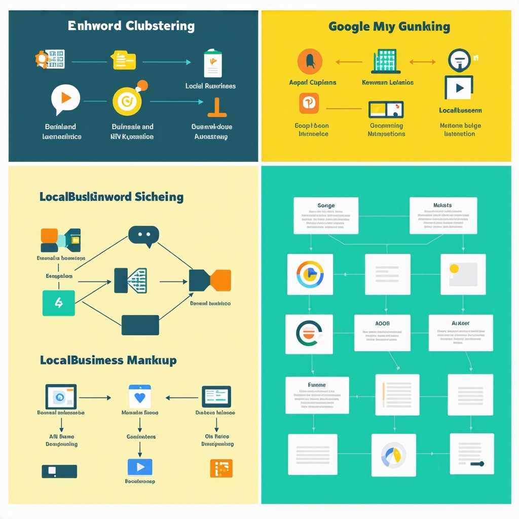 Infographic showing AI semantic keyword clusters combined with LocalBusiness schema markup improving Google My Business local SEO