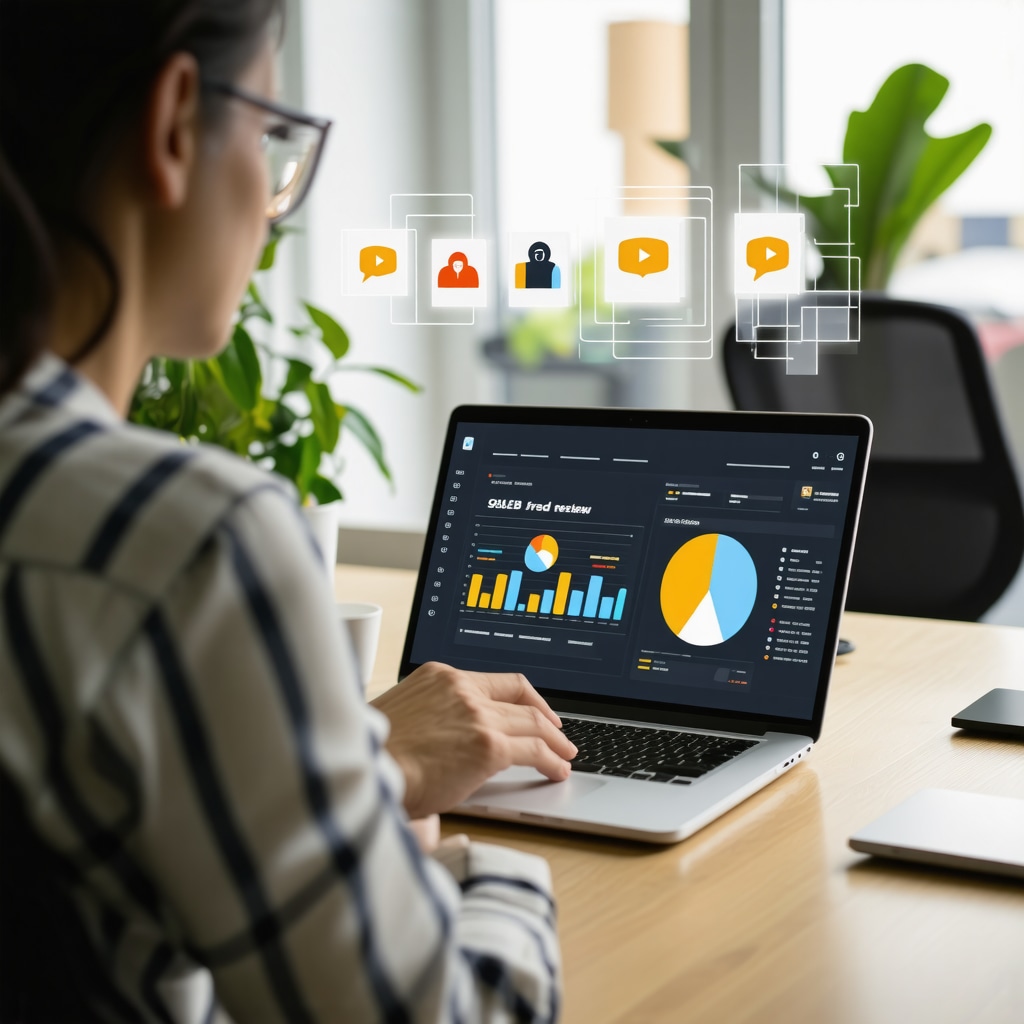 Business owner reviewing AI analytics and multimedia customer testimonials on laptop for GMB optimization