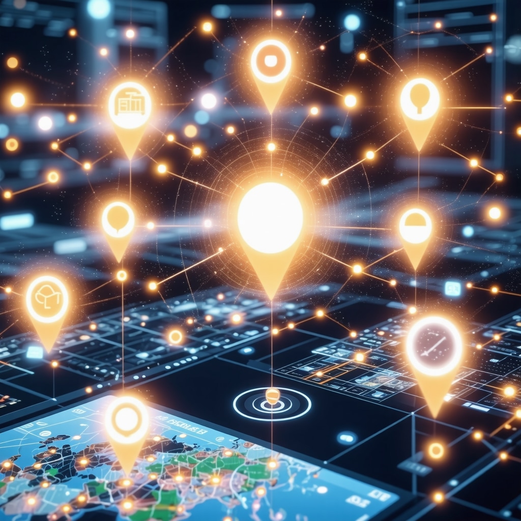 Digital dashboard with AI analytics and voice search icons over a map highlighting local business locations