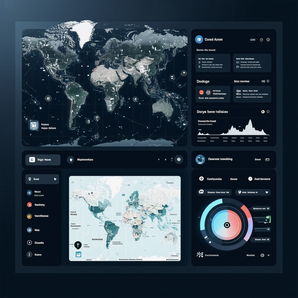 Digital dashboard with maps, sentiment analysis, and blockchain icons illustrating advanced Google Maps ranking optimization