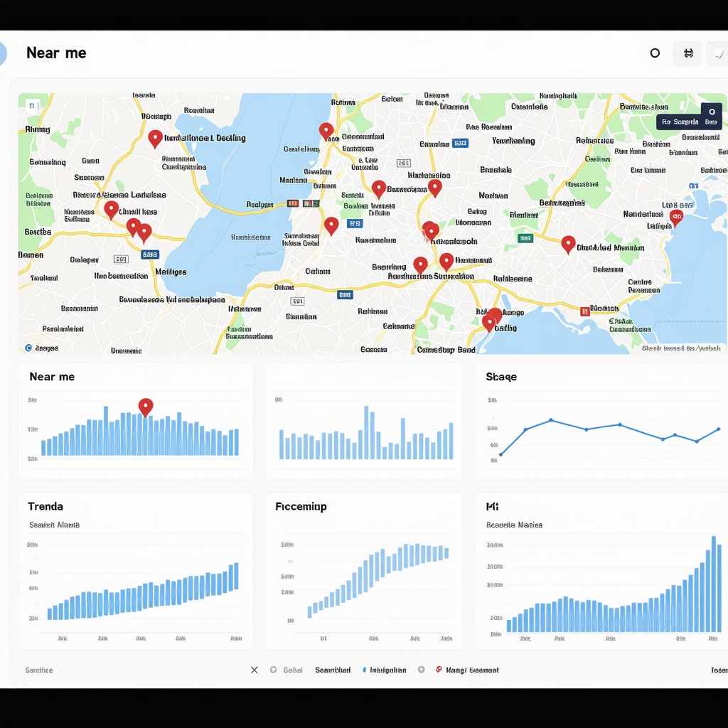Digital marketing dashboard displaying AI analytics for local SEO with geo-targeted maps and schema markup code
