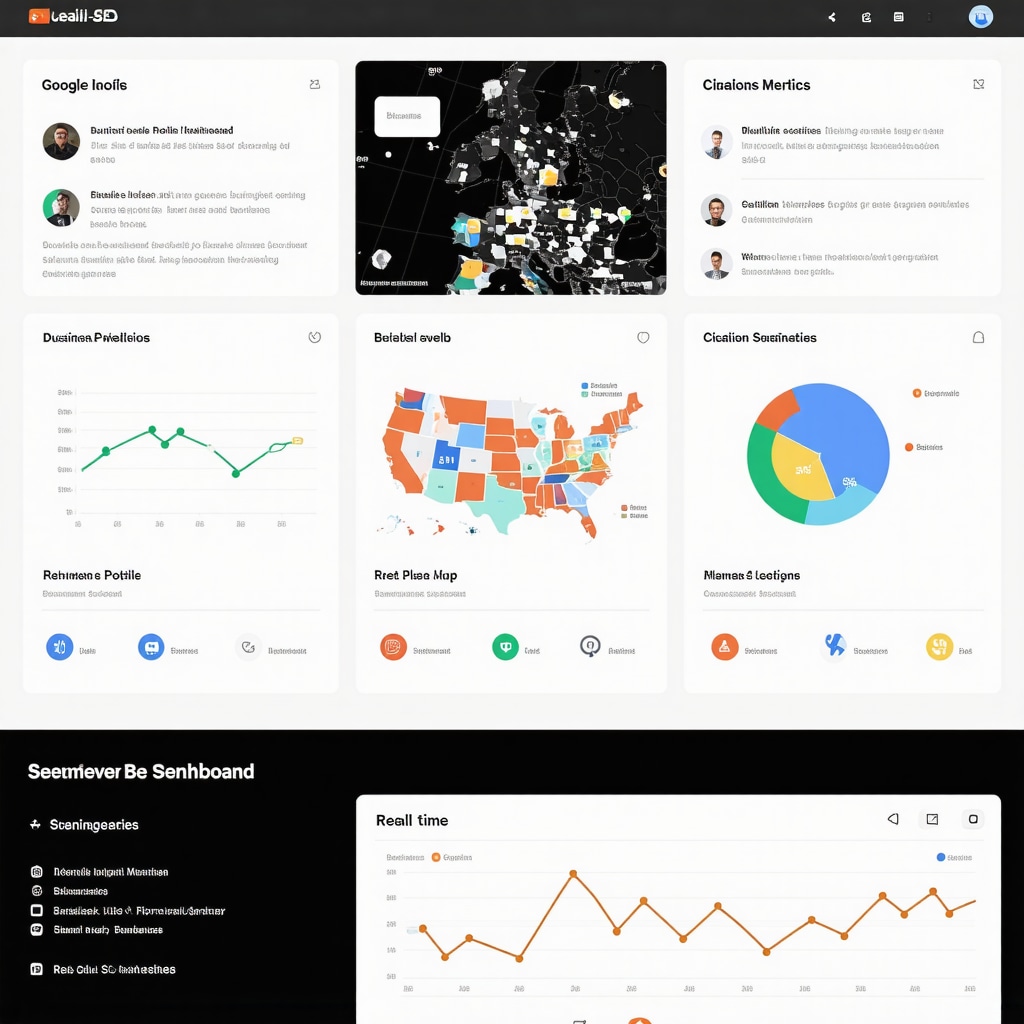 Infographic showing AI-driven local SEO analytics with Google Business Profile performance data and review sentiment analysis