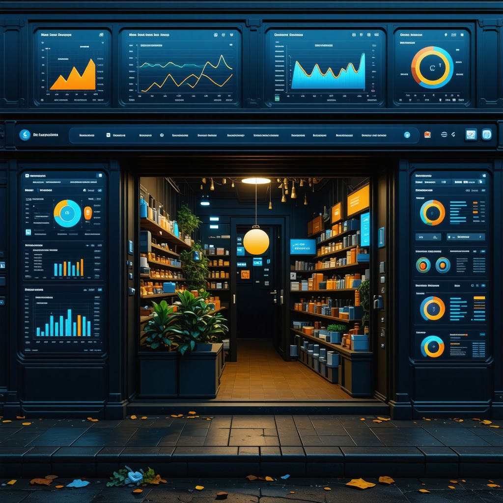 Dashboard illustrating AI analytics and structured data overlay on a local storefront for GMB optimization