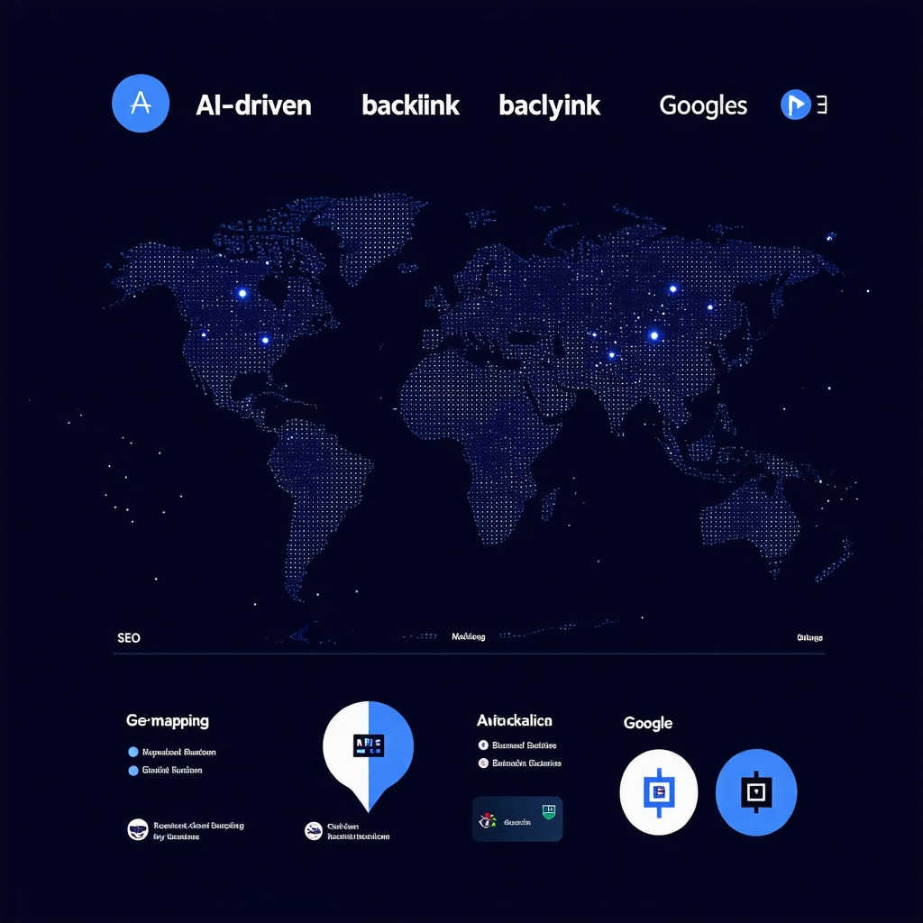 Dashboard showing AI backlink analytics, geo-intelligence maps, and blockchain verification icons for advanced GMB SEO