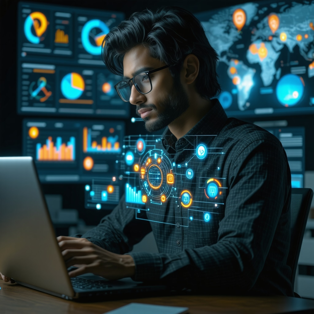 Data analyst visualizing behavioral analytics and local SEO metrics using AI tools