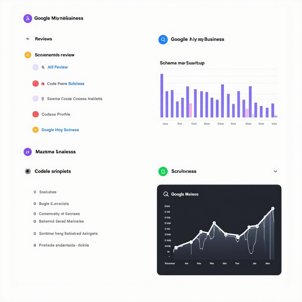 Dashboard displaying AI sentiment analysis, schema markup examples, and GMB analytics for local SEO