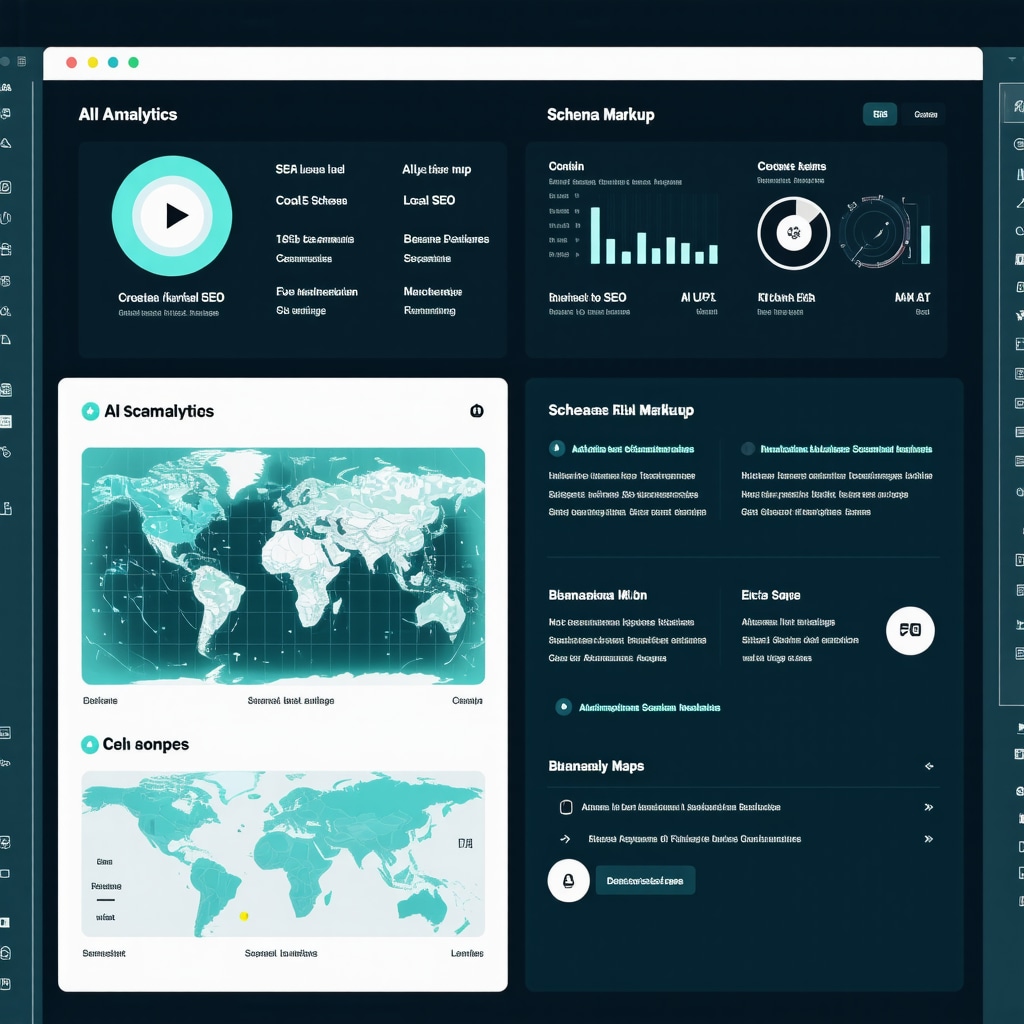 Digital dashboard showing AI analytics, schema markup, and local SEO maps illustrating advanced SEO strategies