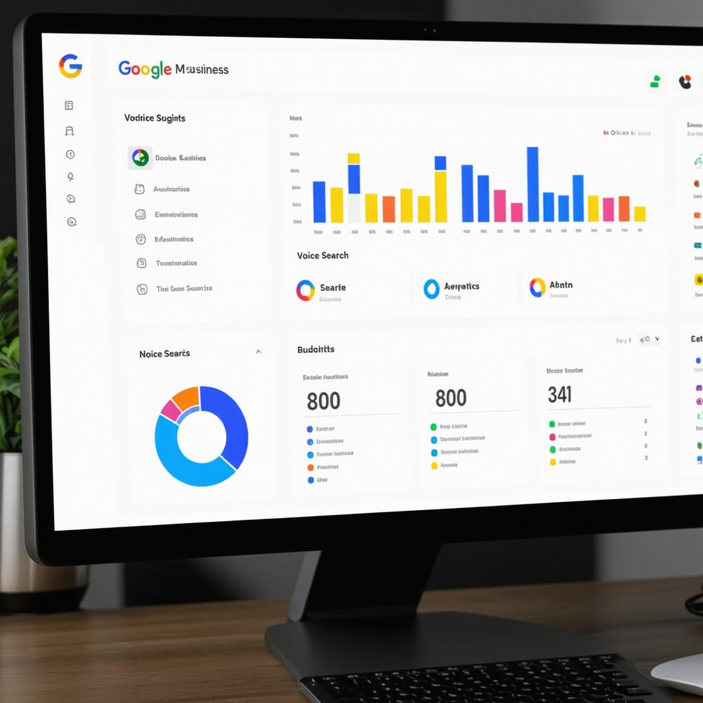 Visual representation of an advanced Google My Business analytics dashboard showing AI recommendations, voice search data, and predictive analytics charts