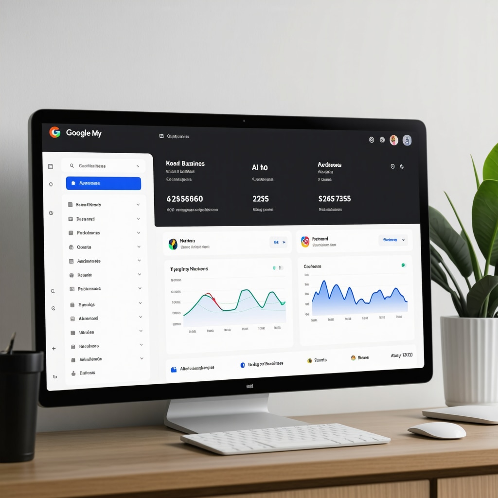 Digital dashboard showcasing AI-driven Google My Business analytics and multimedia content previews for local SEO optimization