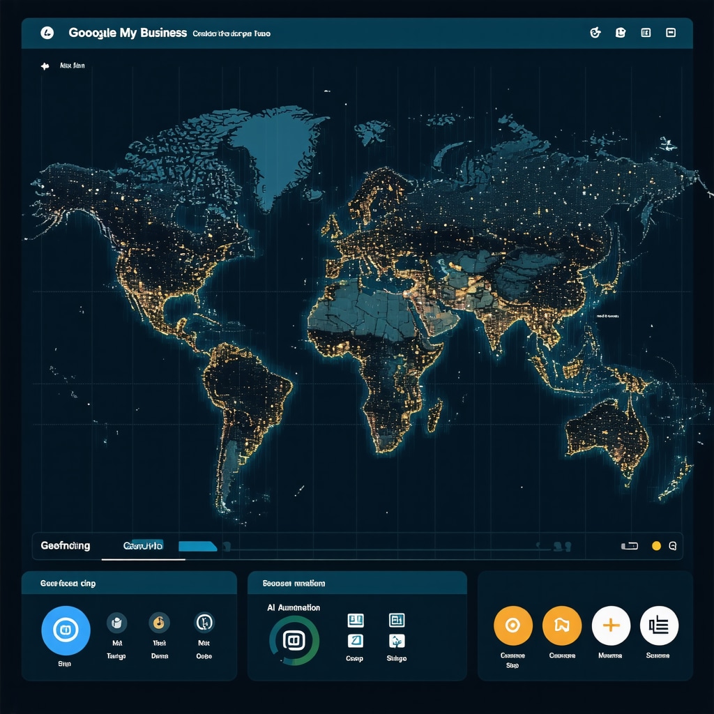 Digital dashboard showing geofencing maps, AI indicators, and schema markup for Google My Business optimization